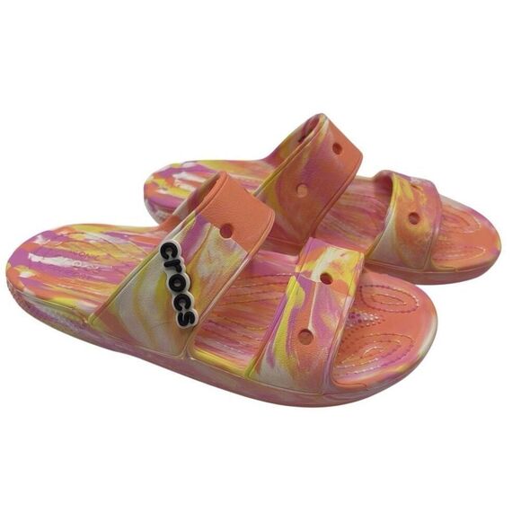 CROCS Women’s Marbled Slide On Sandals Pink/Yellow Swirl Size 6 - Picture 1 of 9